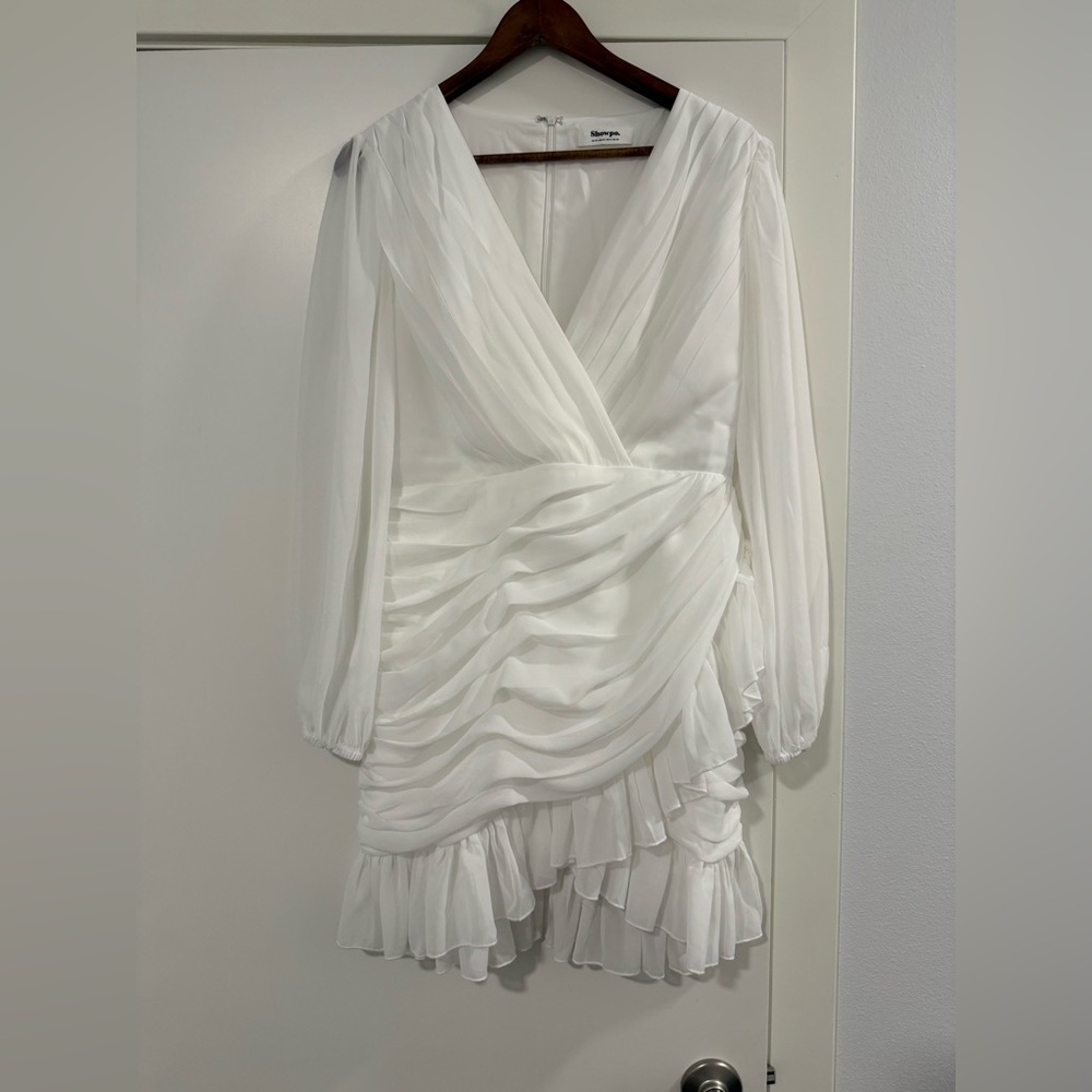 SHOWPO US 8 CAN I BE YOUR HONEY MINI DRESS PLUNGE BALLOON SLEEVE DRESS IN WHITE
